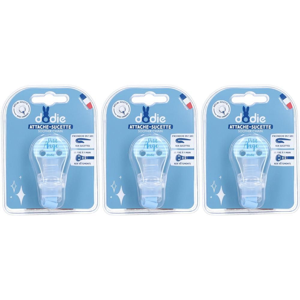 Trois attaches-sucettes Dodie avec ruban, présentées en emballage blister.
