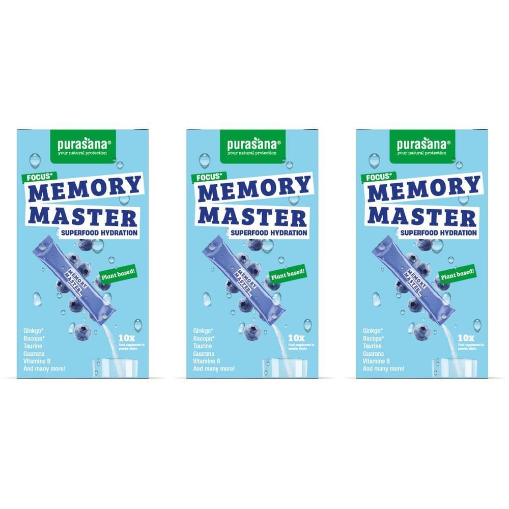 Trois sachets Purasana Memory Master Superfood Hydration sur fond bleu avec des myrtilles.