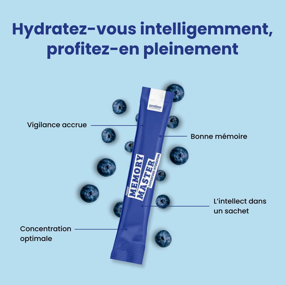 Sachet Purasana Memory Master entouré de myrtilles, axé sur la concentration et la mémoire.