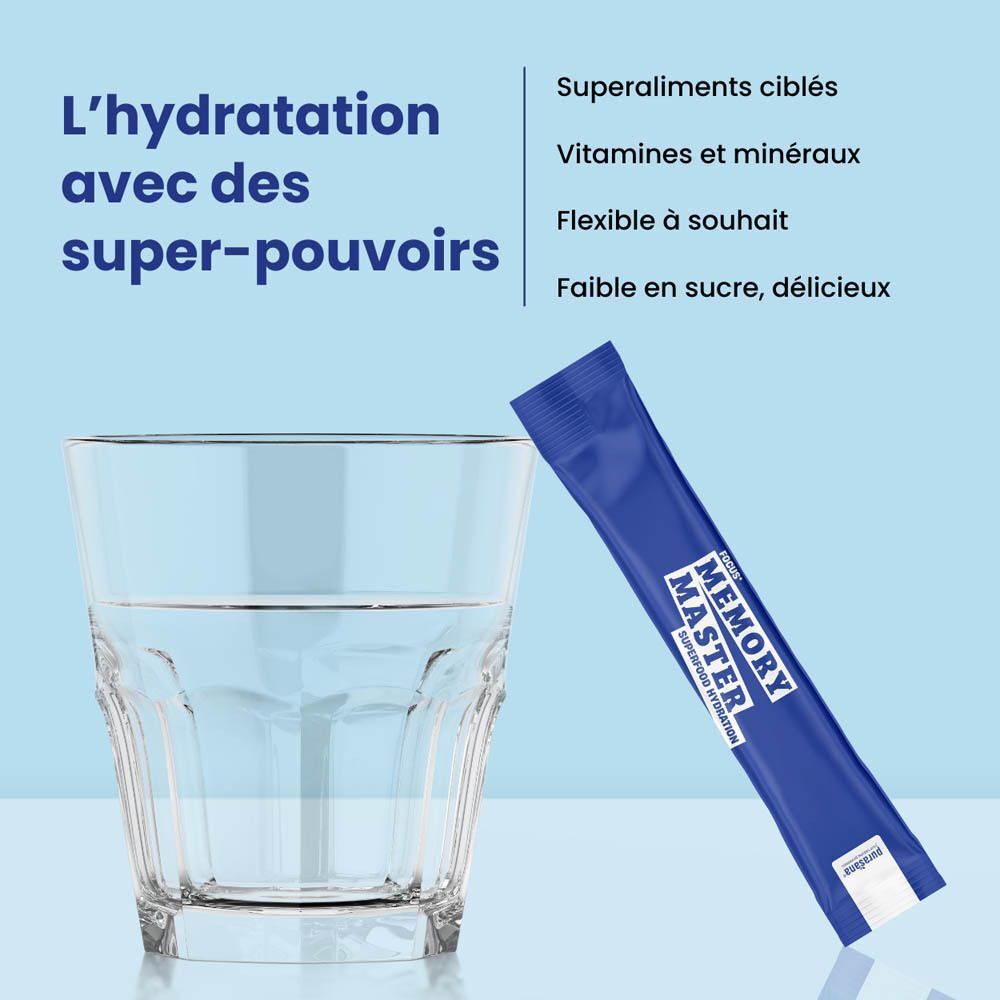 Sachet Purasana Memory Master à côté d'un verre d'eau, soulignant l'hydratation par superaliments.