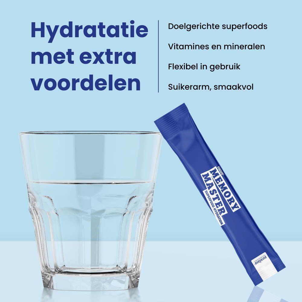 Purasana Memory Master stick naast een glas water, benadrukt superfood hydratatie.