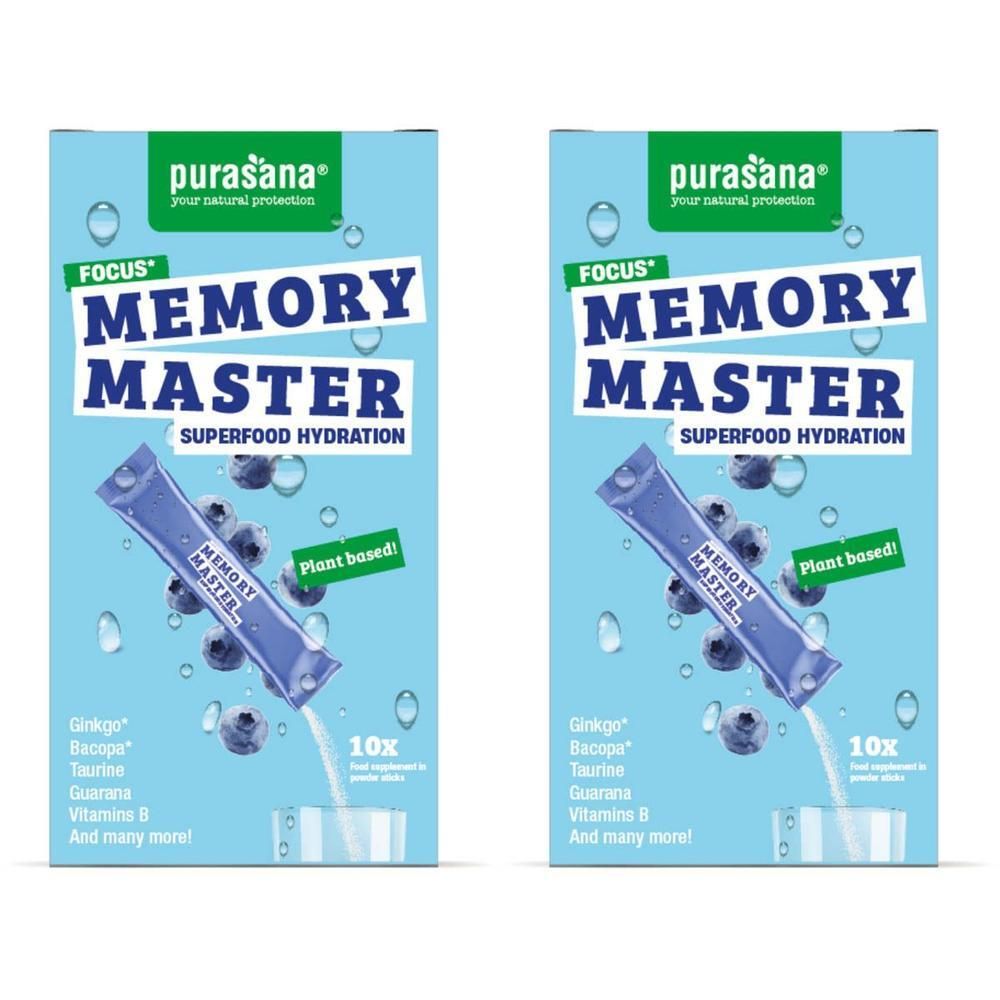 Twee pakken Purasana Memory Master Superfood Hydration met bosbessen en een sachet.