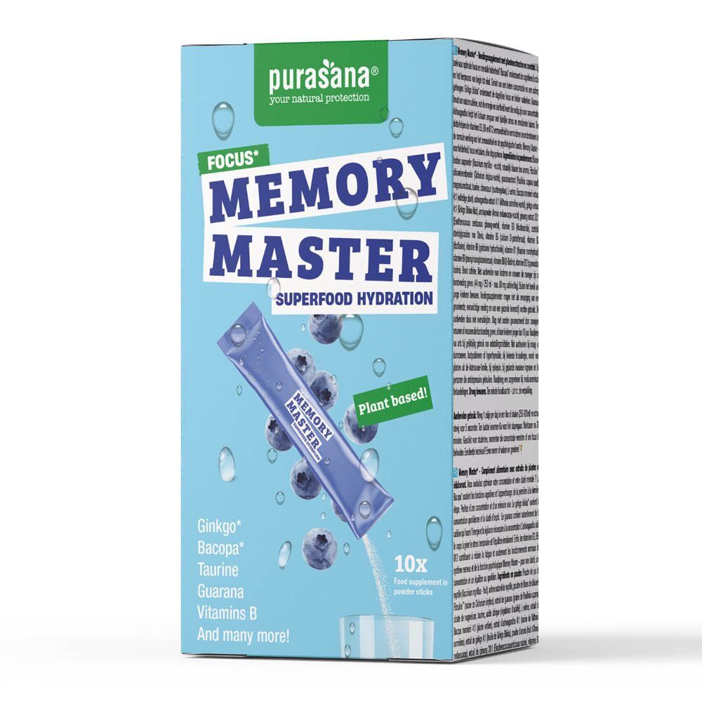 Boîte Purasana Memory Master Superfood Hydration avec un sachet, des myrtilles et de l'eau.