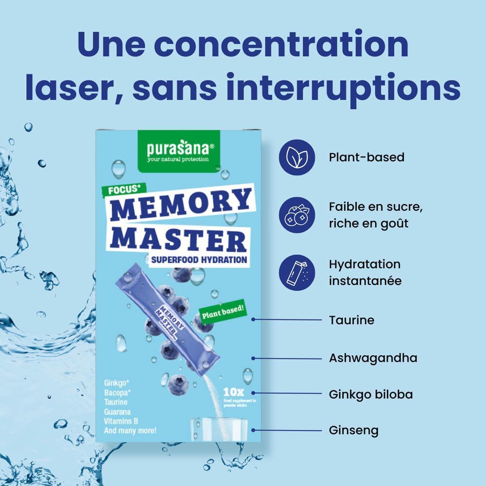 Purasana Memory Master: Focus, végétal, faible en sucre, hydratation instantanée, taurine, ashwagandha.