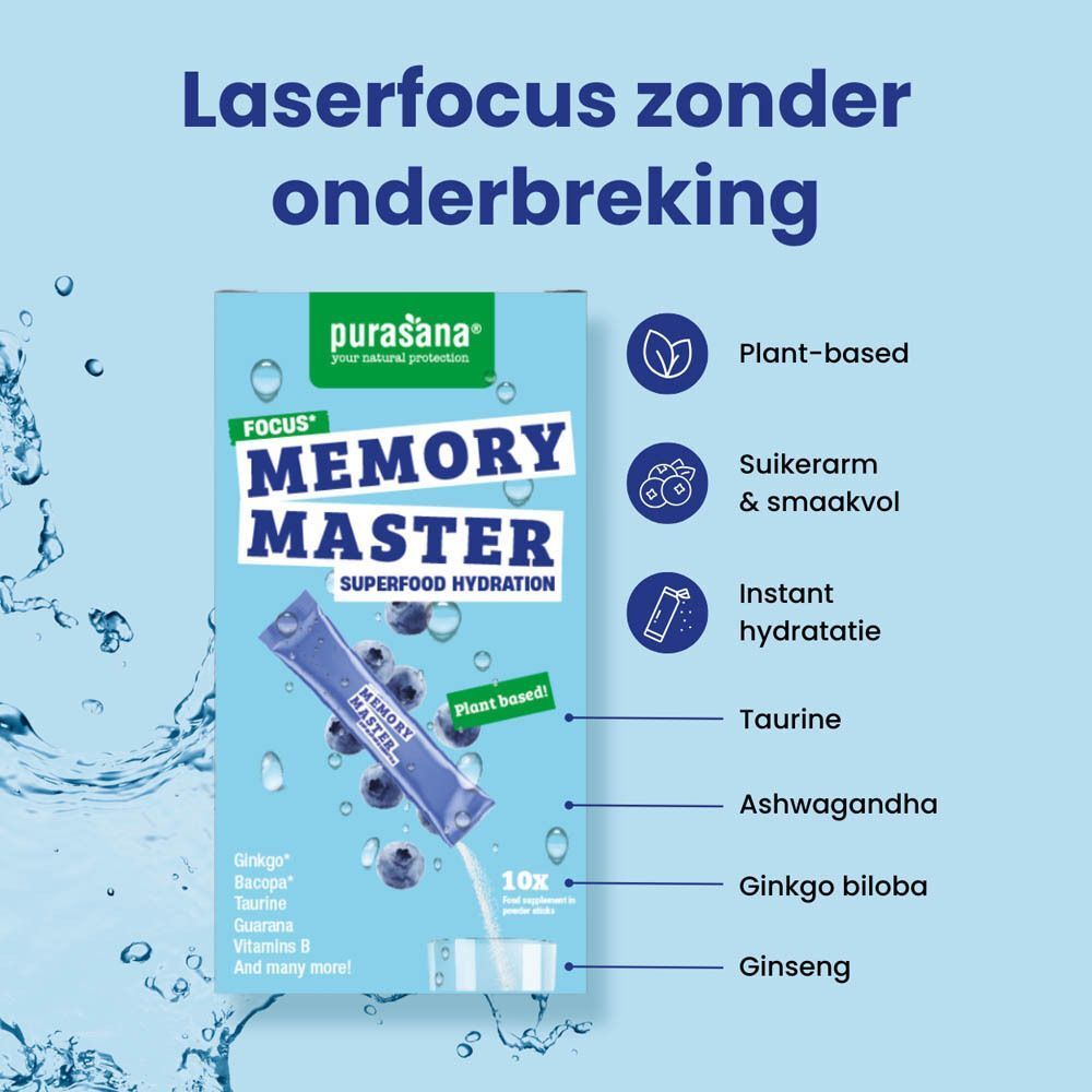 Purasana Memory Master: Focus, plantaardig, suikerarm, directe hydratatie, taurine, ashwagandha.