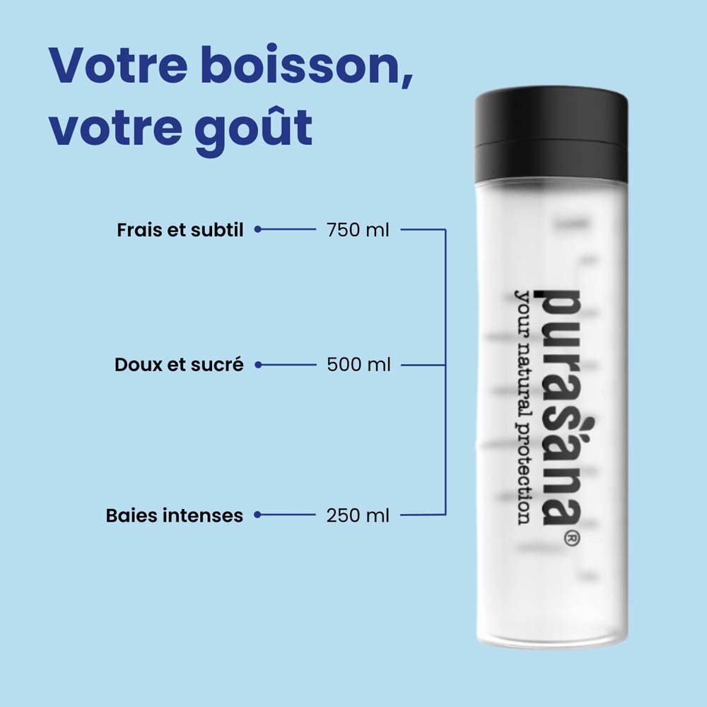 Sachet Purasana Memory Master à côté d'un verre d'eau, instructions pour différents goûts.