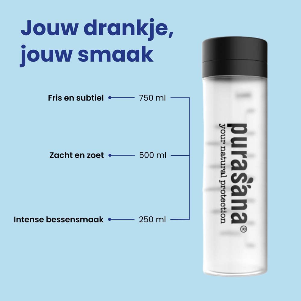 Purasana Memory Master sachet naast een glas water, instructies voor verschillende smaken.