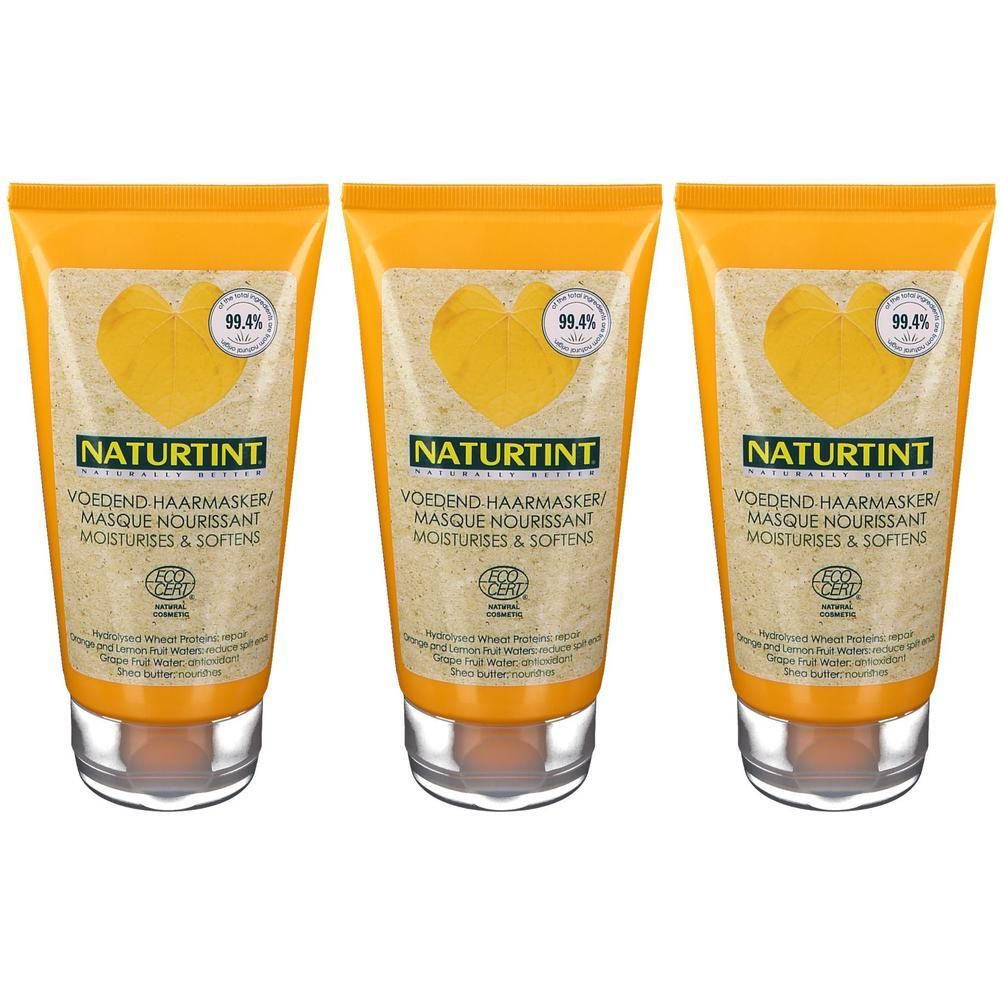 Trois tubes de Masque Capillaire Naturtint avec symbole de cœur jaune et certification bio.