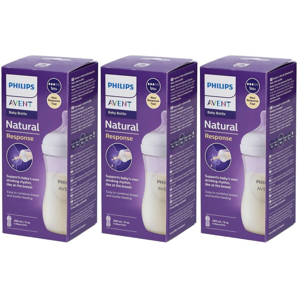 Trois biberons Philips Avent Natural Response dans des boîtes violettes.