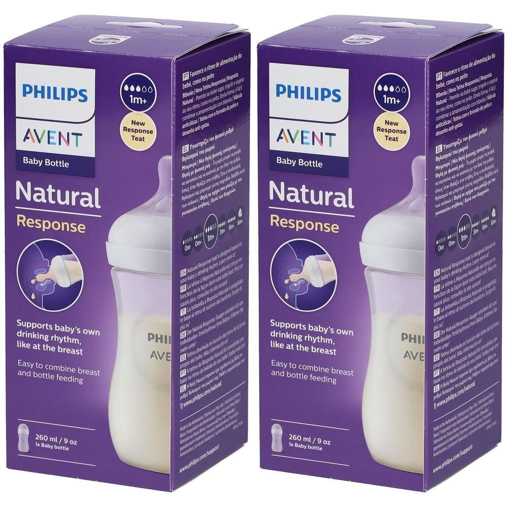 Twee Philips Avent Natural Response babyflessen (260ml/9oz) in doos. Paarse verpakking met productafbeelding.