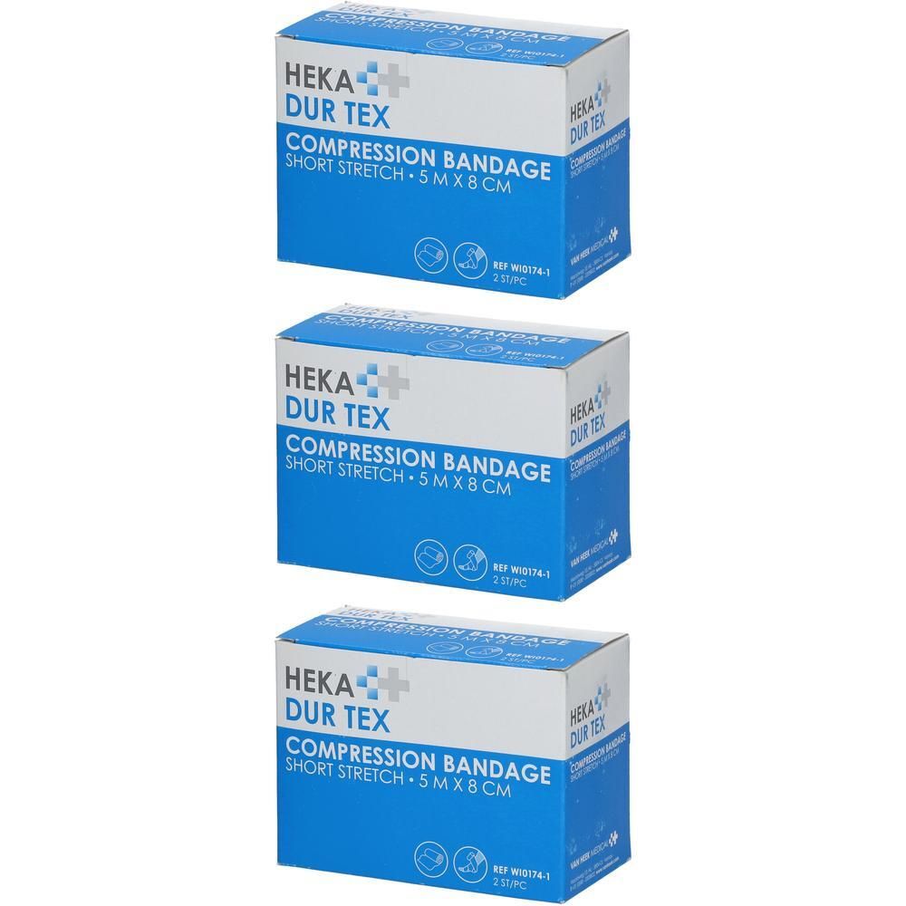 Trois boîtes de bandage compressif Heka Dur Tex, extensible court, 5 m x 8 cm.