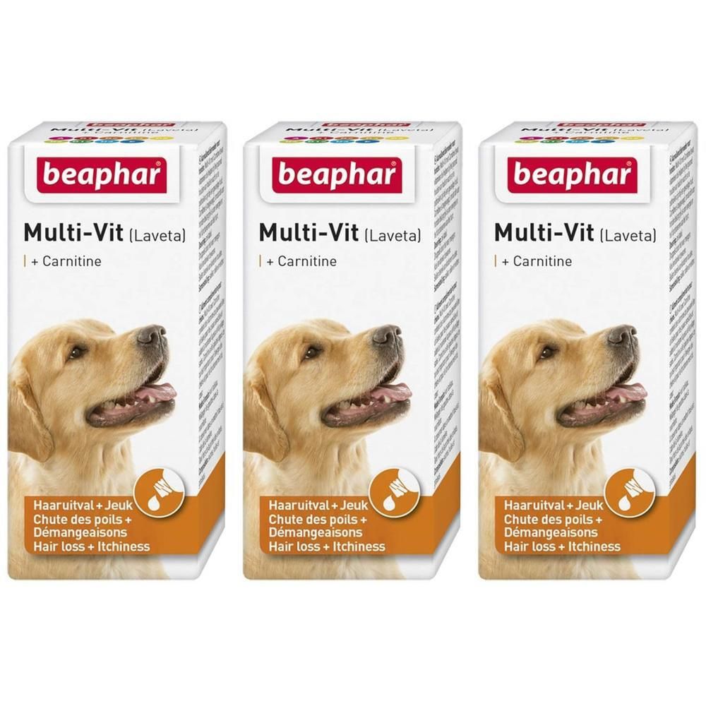 Drie verpakkingen Beaphar Multi-Vit (Laveta) met L-Carnitine voor honden, helpt tegen haaruitval en jeuk.