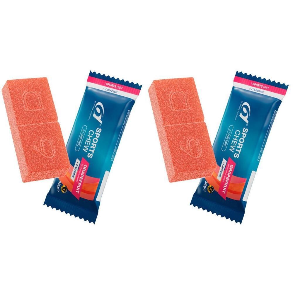 Deux gommes à mâcher sportives saveur pamplemousse, emballées individuellement.