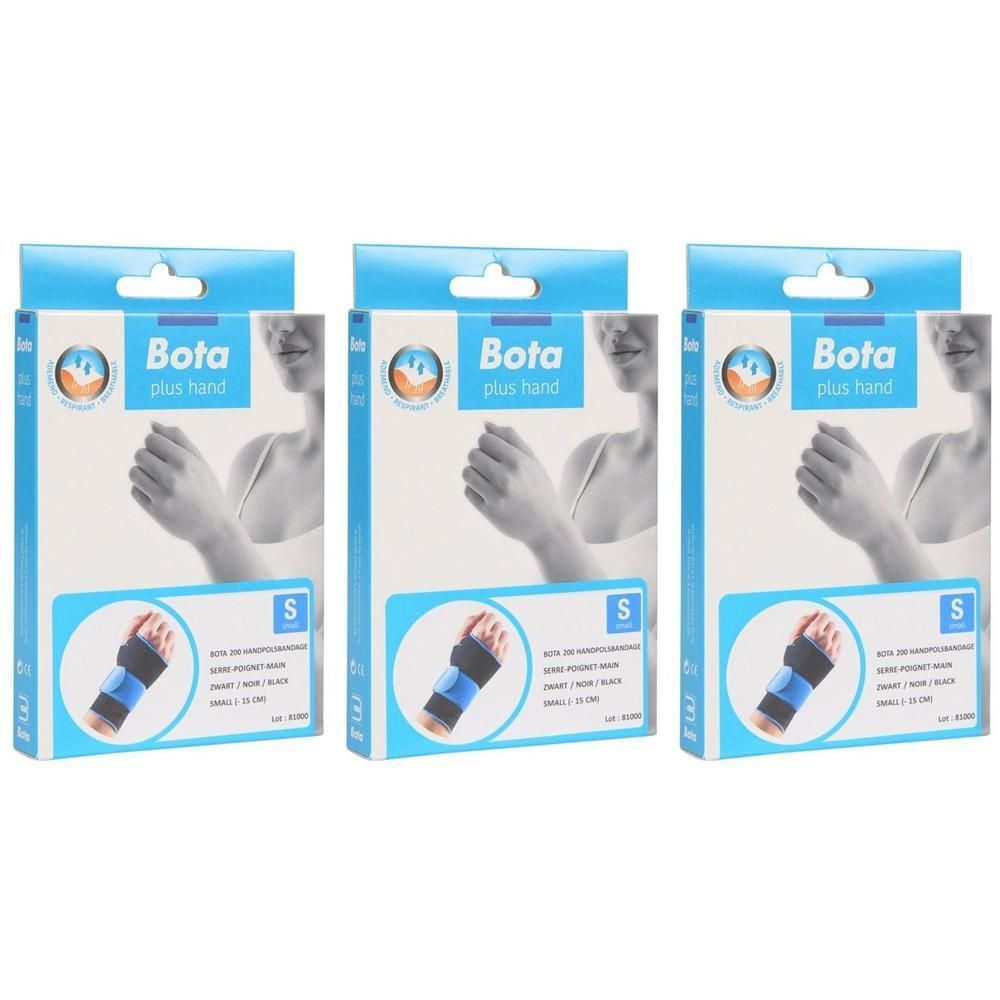 Trois paquets de supports de poignet Bota plus hand, noirs et bleus, taille S.