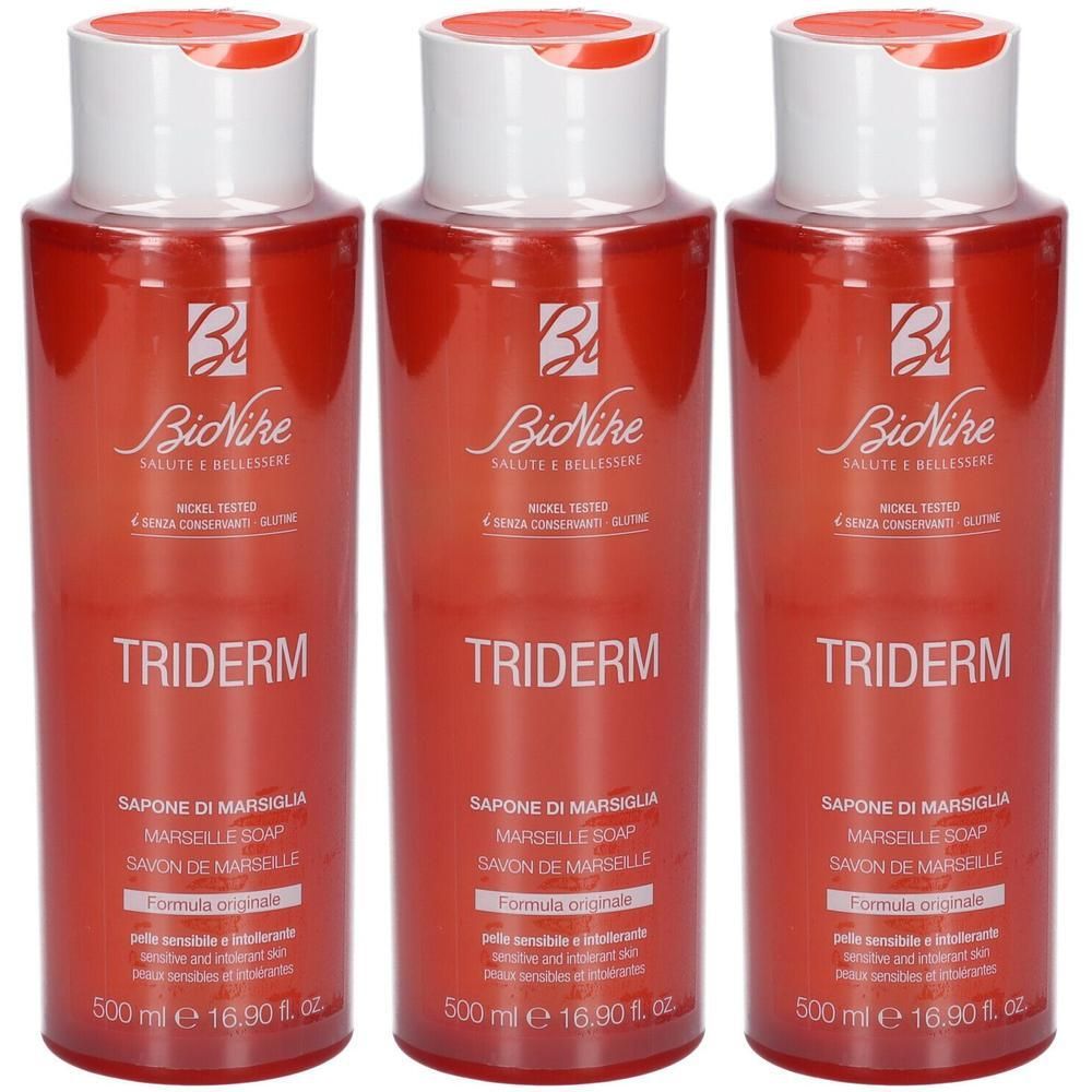 Trois flacons rouges Bionike Triderm Savon Marseille, 500 ml chacun.