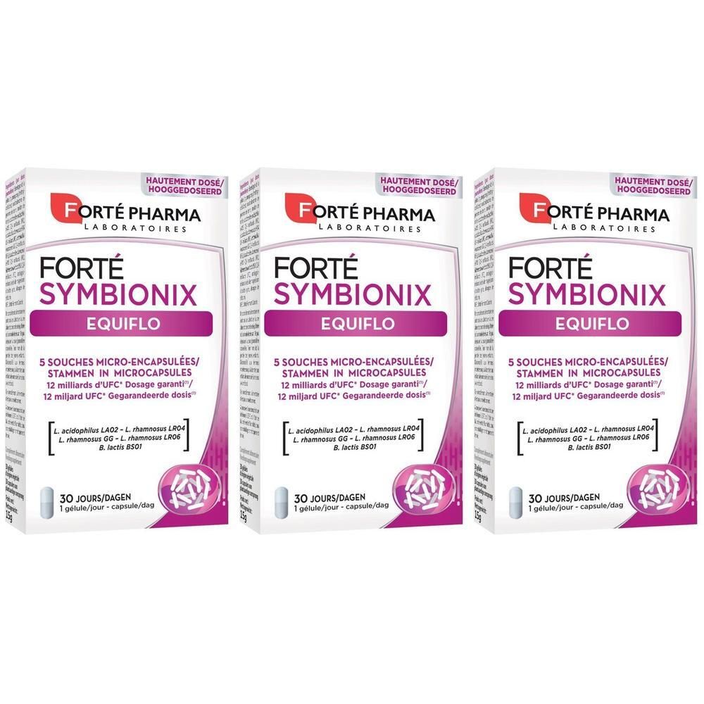 Trois boîtes Forté Pharma Symbionix Equiflo de 30 gélules chacune. Contient 5 souches micro-encapsulées.
