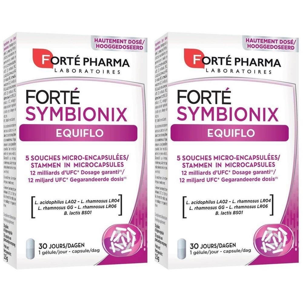 Twee pakken Forté Pharma Symbionix Equiflo, elk 30 capsules. Bevat 5 stammen in microcapsules.