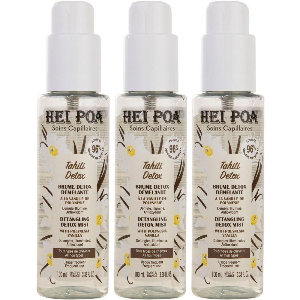 Drie flacons Hei Poa Tahiti Detox Brume Détox Démêlante met vanillemotieven.