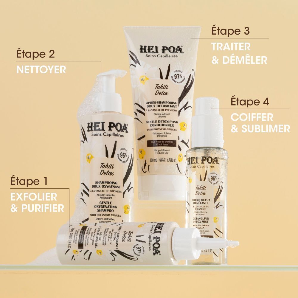 Produits capillaires Hei Poa Tahiti Detox : Shampooing, après-shampooing, brume et gommage.
