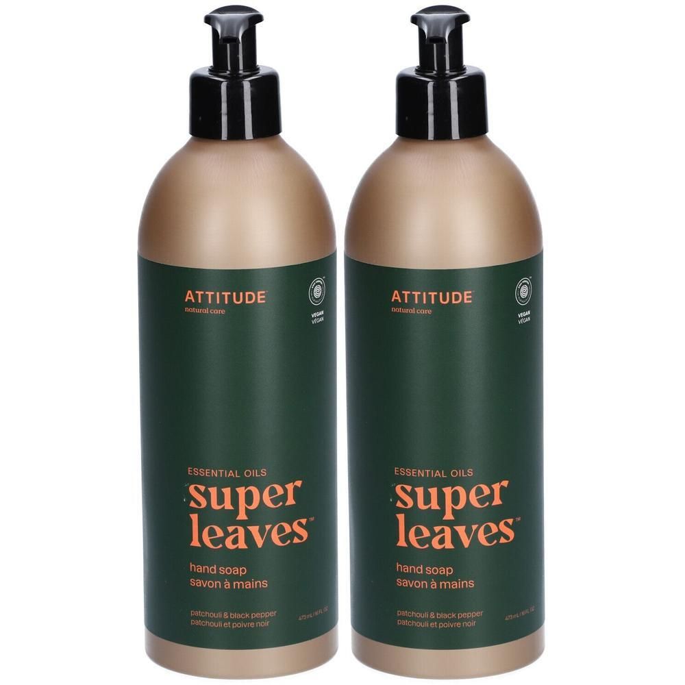 Deux bouteilles de savon pour les mains avec distributeurs à pompe. Emballage vert et doré avec inscription 'Super Leaves'.