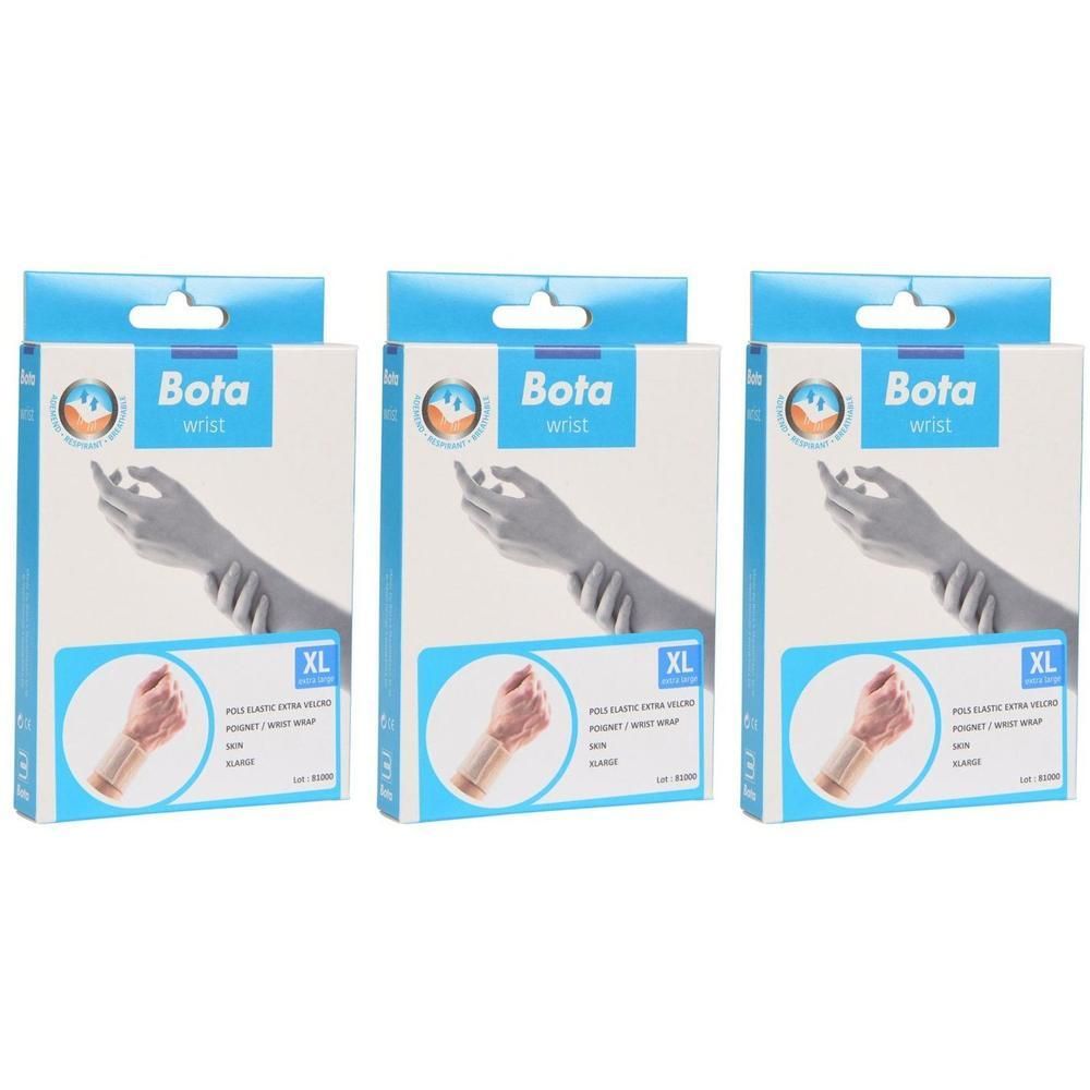 Drie verpakkingen Bota polsondersteuning, maat XL, met klittenbandsluiting.