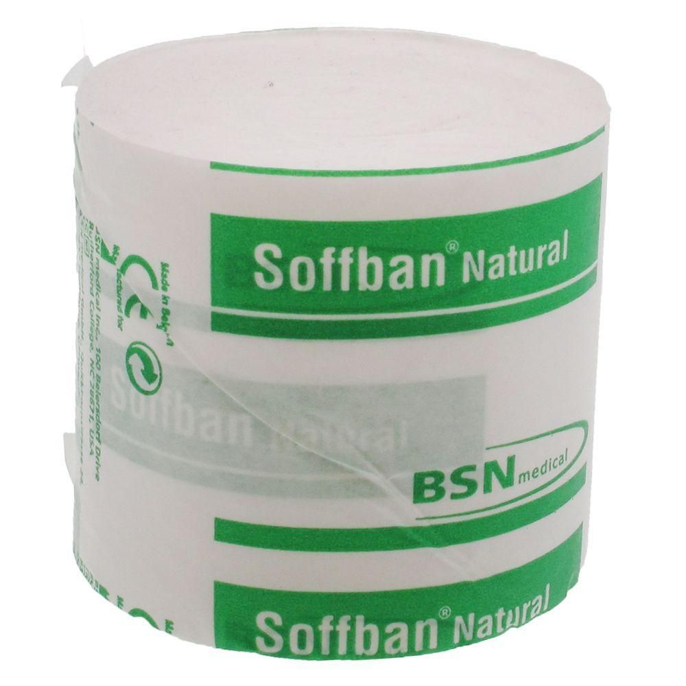 Rouleau de ouate blanche avec bandes vertes et inscription 'Soffban Natural'.