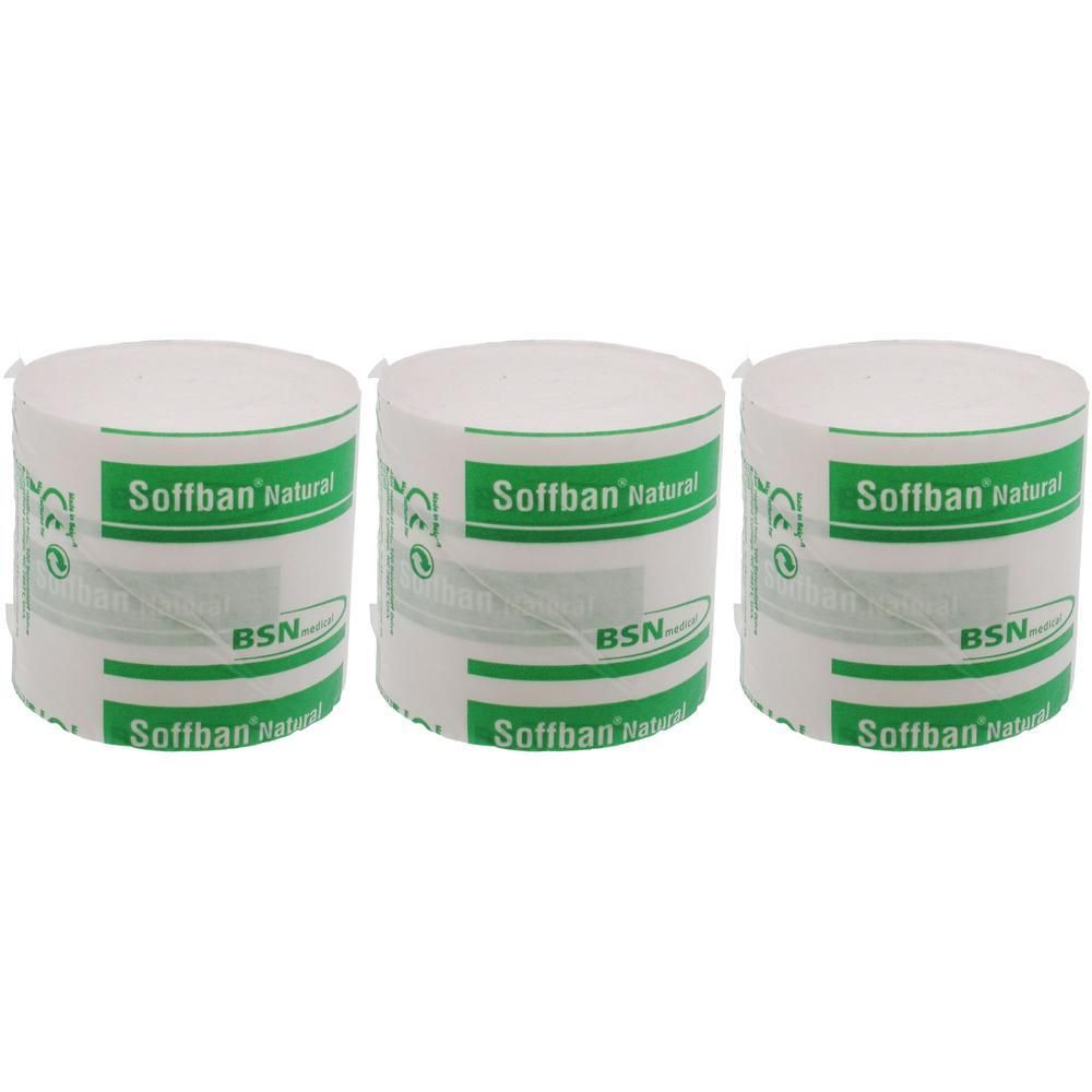 Drie rollen Soffban Natural watten. Wit met groene banden en opdruk.