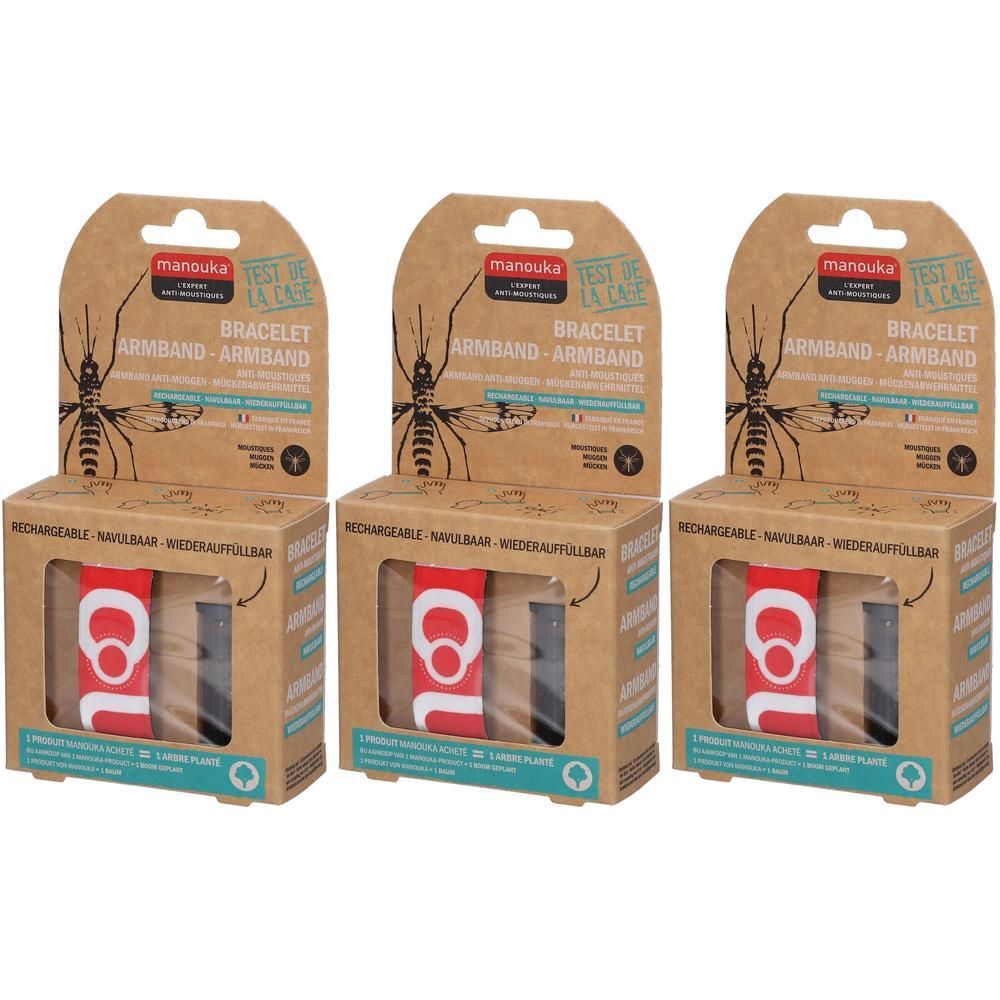 Drie Manouka anti-mug armbanden, rood design, oplaadbaar.