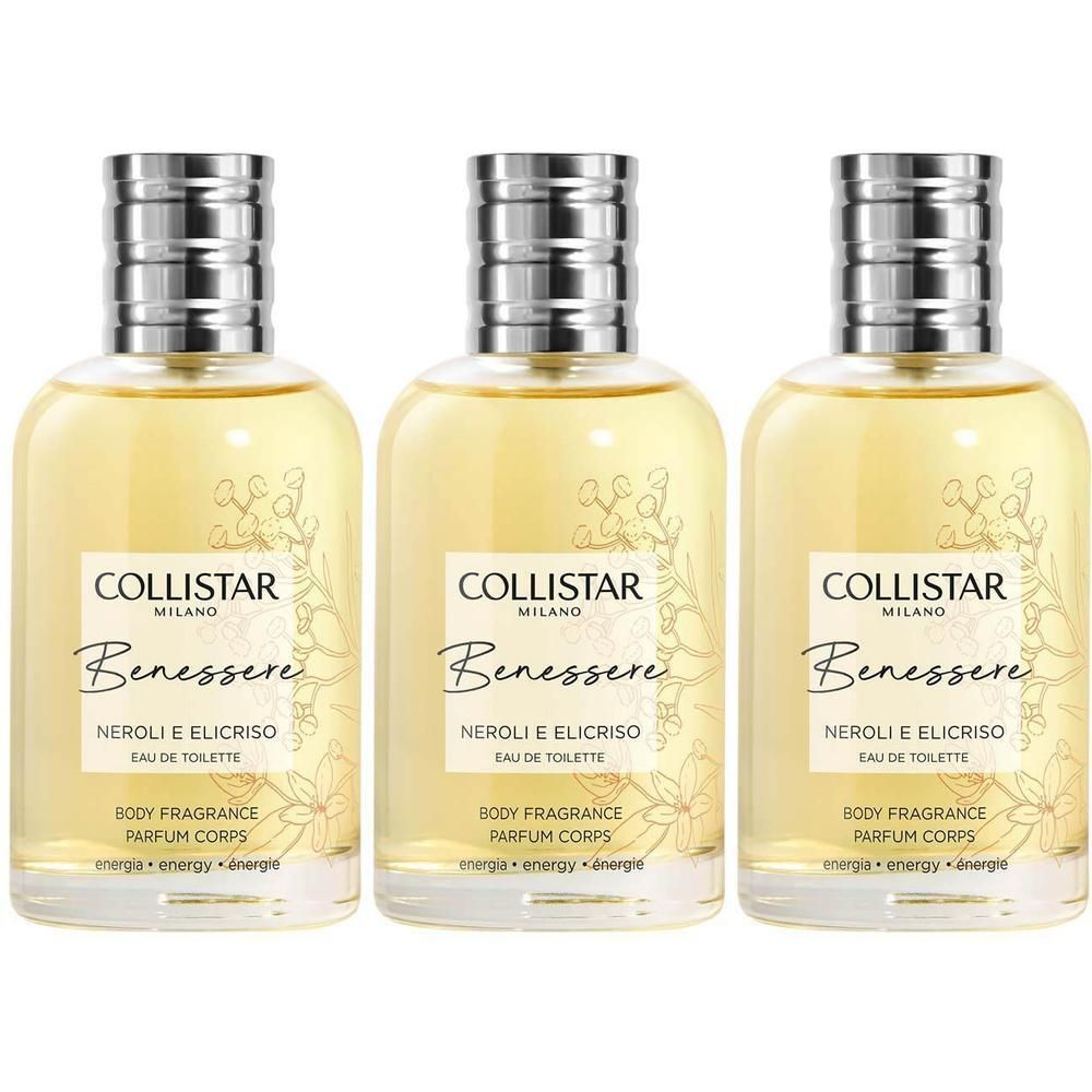Trois flacons en verre de Collistar Body Fragrance Neroli et Helichrysum Eau de Toilette.