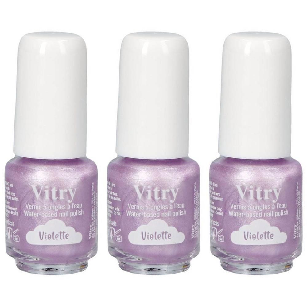 Trois flacons de vernis à ongles Vitry Vao Eau Violette, violet clair avec bouchon blanc.