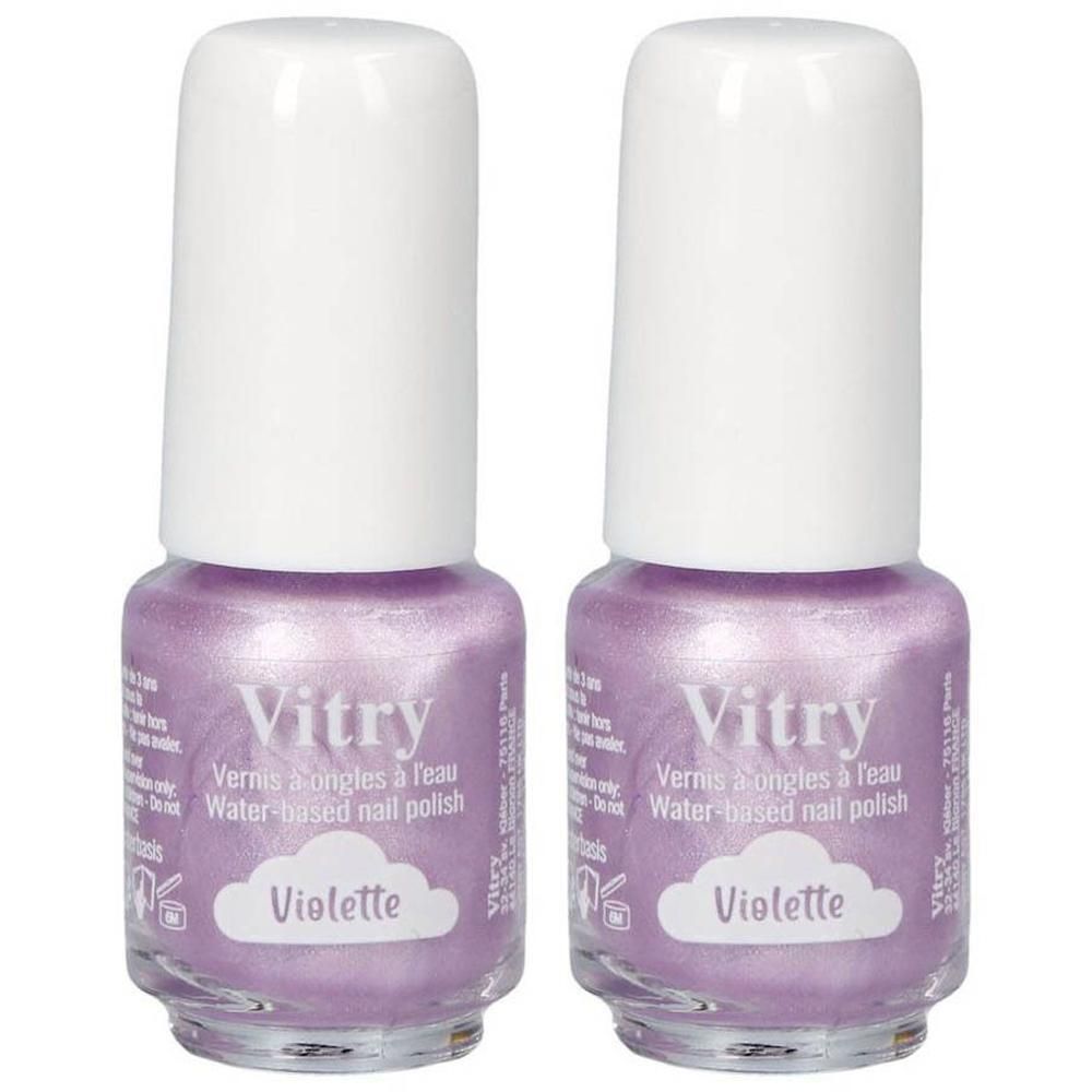 Twee flesjes Vitry Violette nagellak in paars.