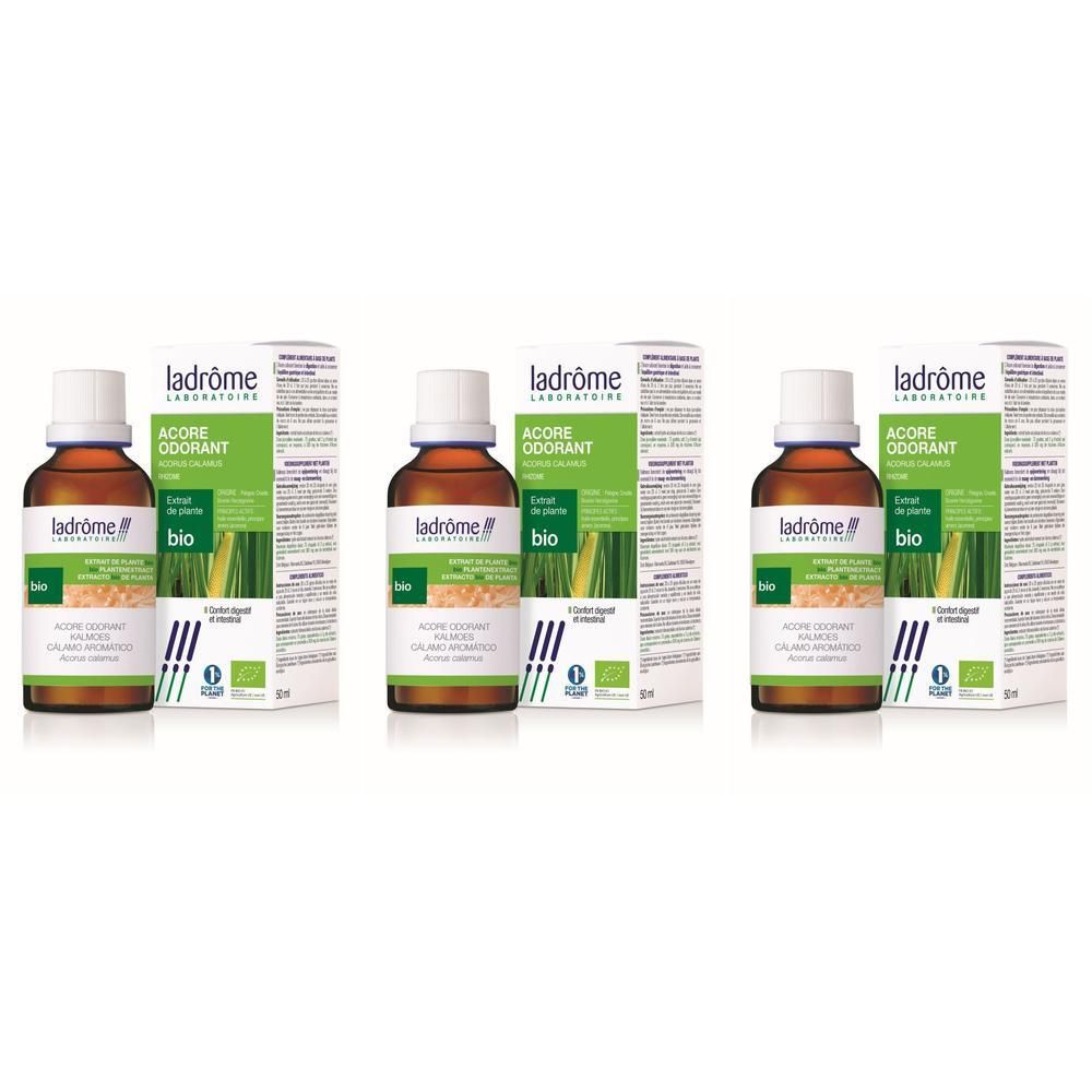 Drie flessen Ladrôme BIO Acore Odorant met verpakking. Bruine glazen flessen met witte dop.