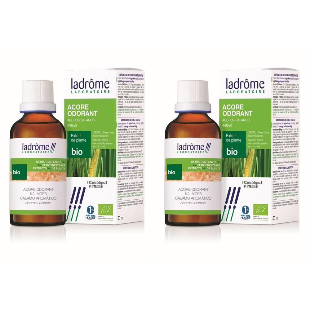 Twee flesjes Ladrôme BIO Acore Odorant met doosjes. Bruine glazen flesjes met witte dop.