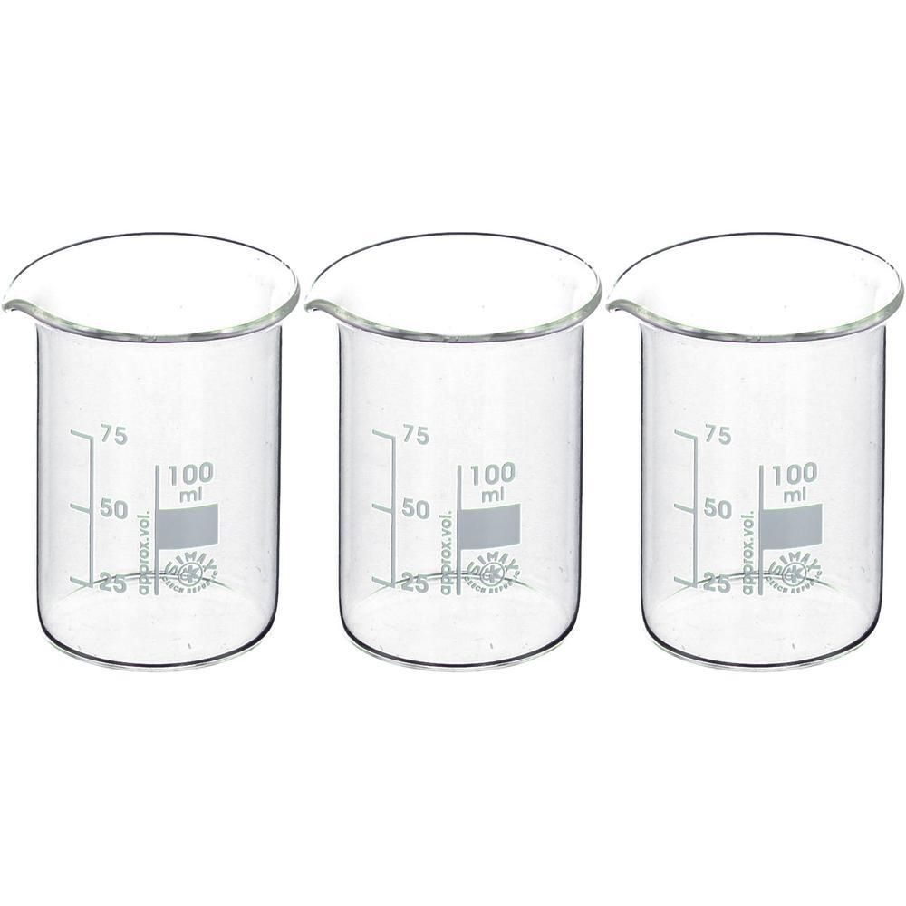 Drie glazen bekers met maatstreepjes tot 100 ml.