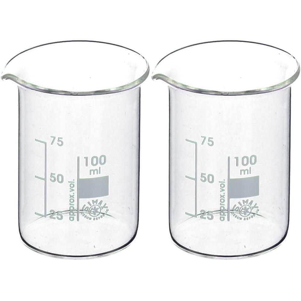 Twee glazen bekers met maatstreepjes tot 100 ml.