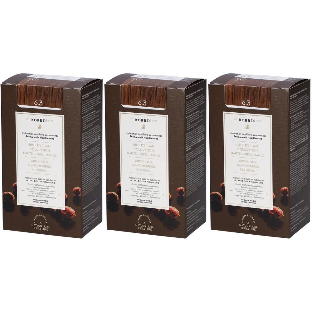Drie dozen Korres Arganolie Haarkleuring 6.3 Golden Honey Dark Blonde.