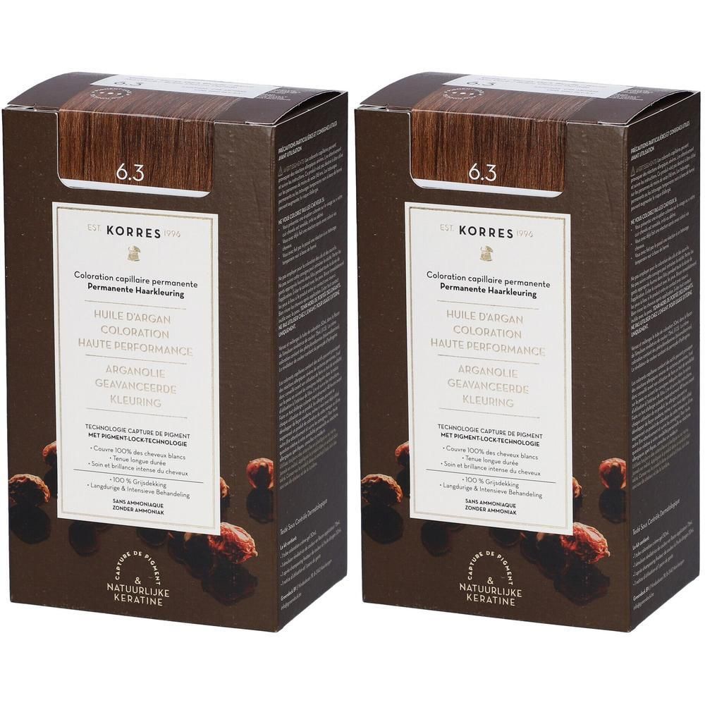 Deux boîtes de coloration capillaire Korres Huile d'Argan 6.3 Blond Foncé Miel Doré.
