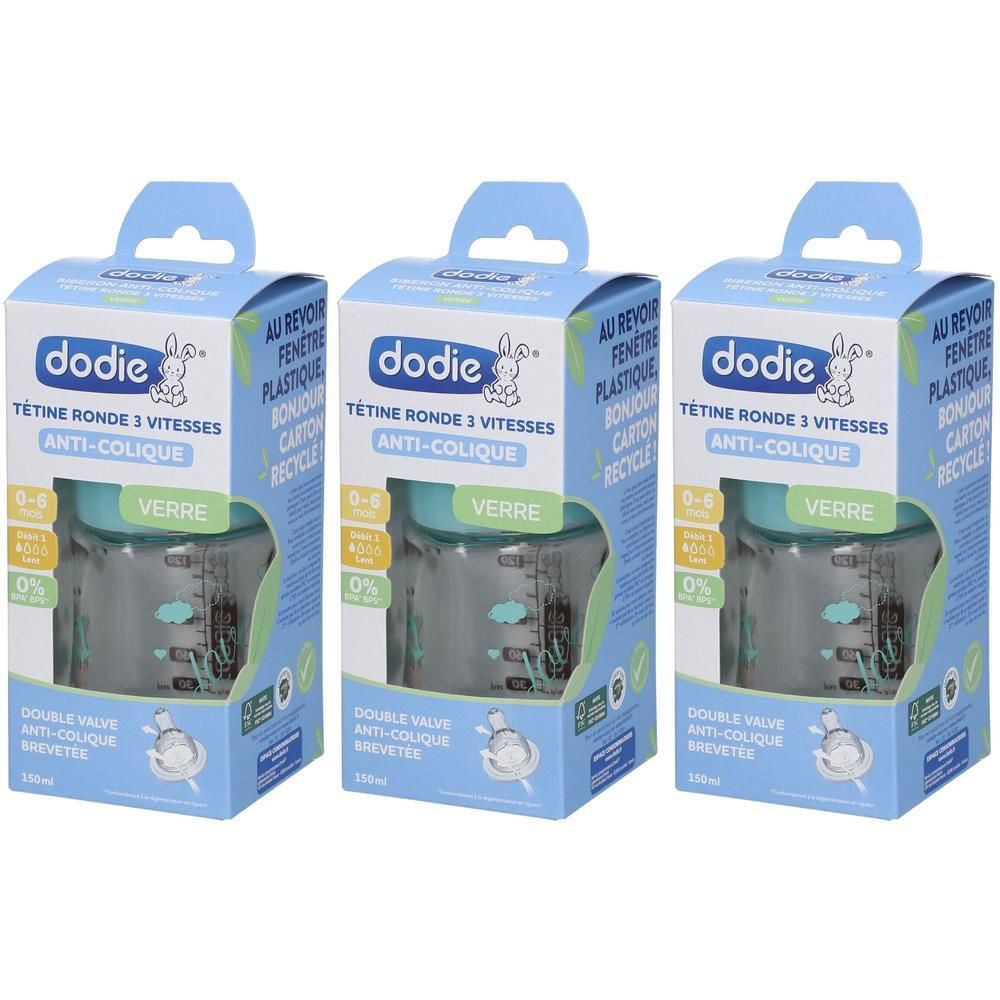 Trois biberons Dodie en verre, 0-6 mois, 150ml, système anti-colique.