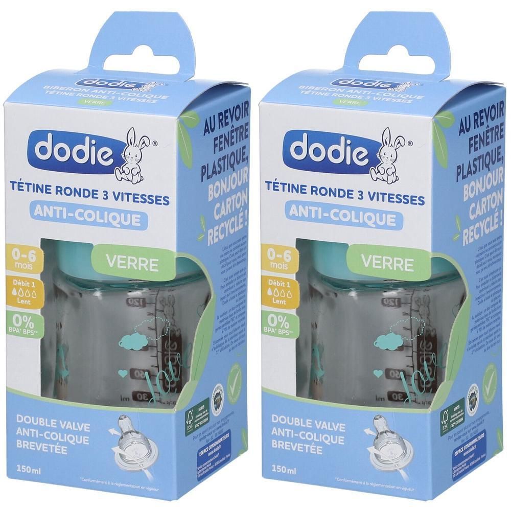 Deux biberons Dodie en verre, 150ml, avec tétine anti-colique, 0-6 mois.
