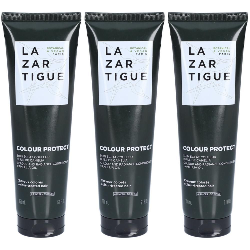 Trois tubes foncés de Lazartigue Colour Protect Soin Éclat Couleur, 150ml.