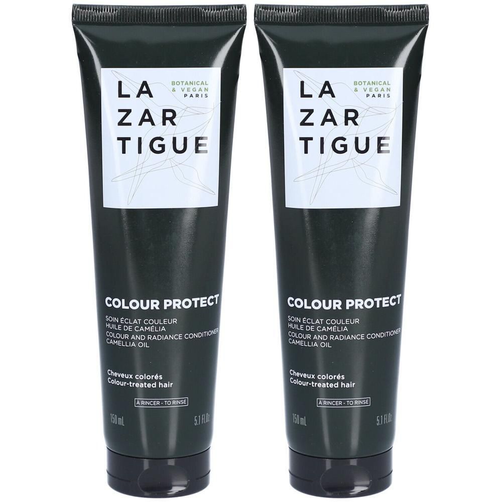 Deux tubes Lazartigue Colour Protect Soin Éclat Couleur à l'huile de camélia pour cheveux colorés.