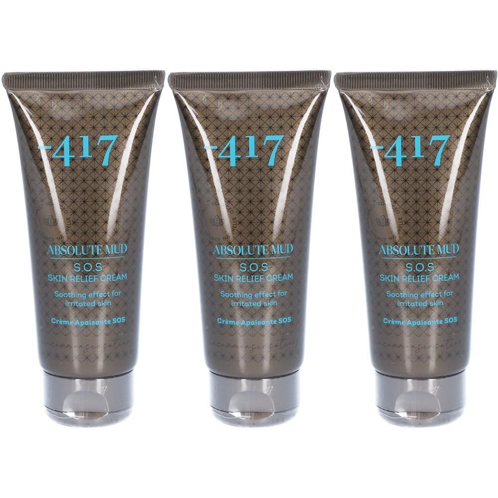Drie tubes Minus 417 Absolute Mud SOS Skin Relief Cream met patroon.