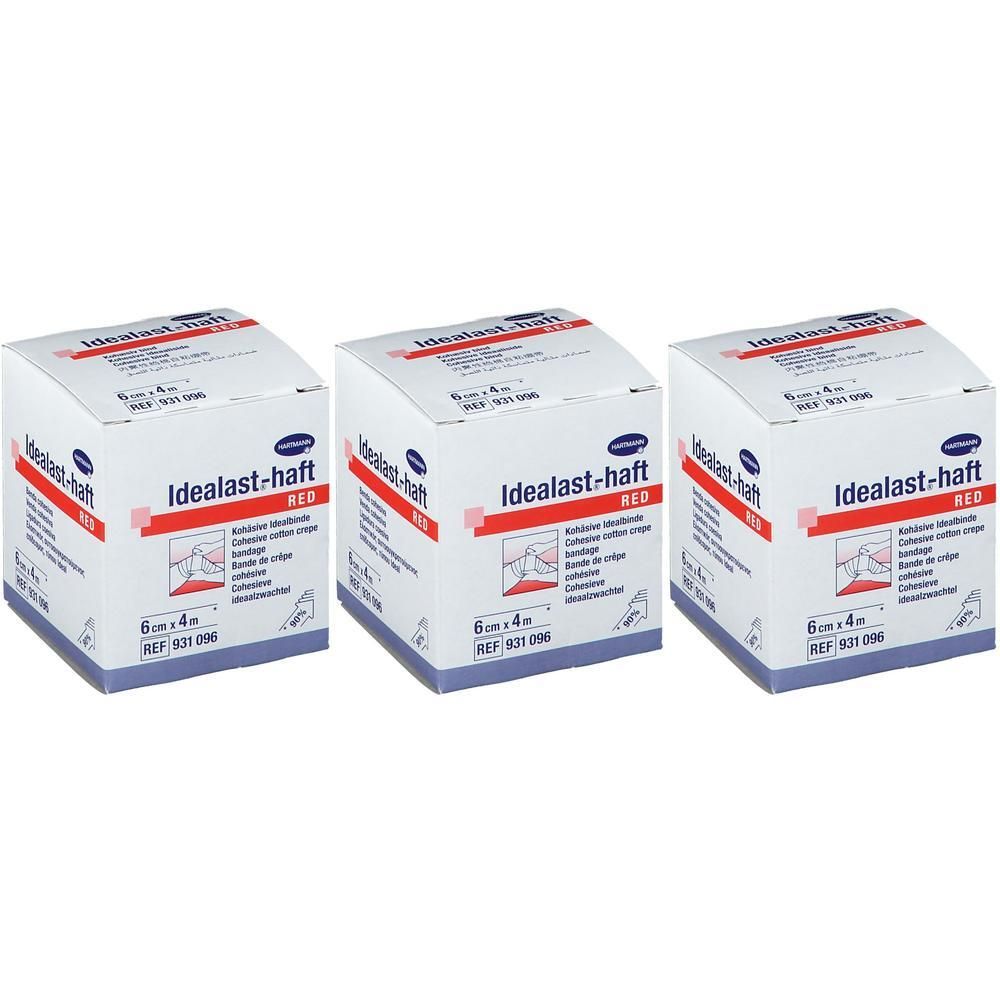 Trois bandages Hartmann Idealast-haft rouges, 6cm x 4m.