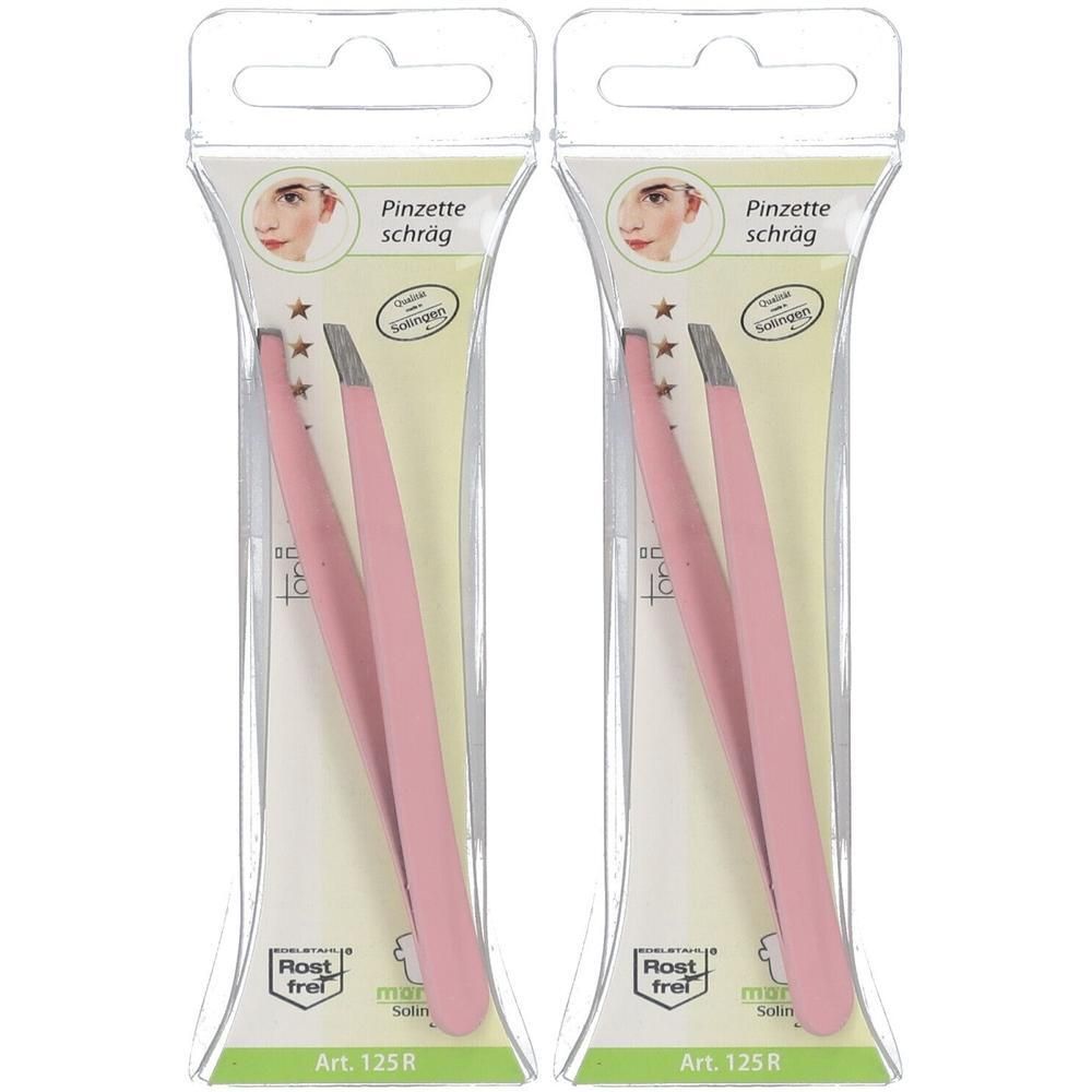 Deux pinces à épiler roses à pointes inclinées, inoxydables, Art. 125R, en emballage transparent.