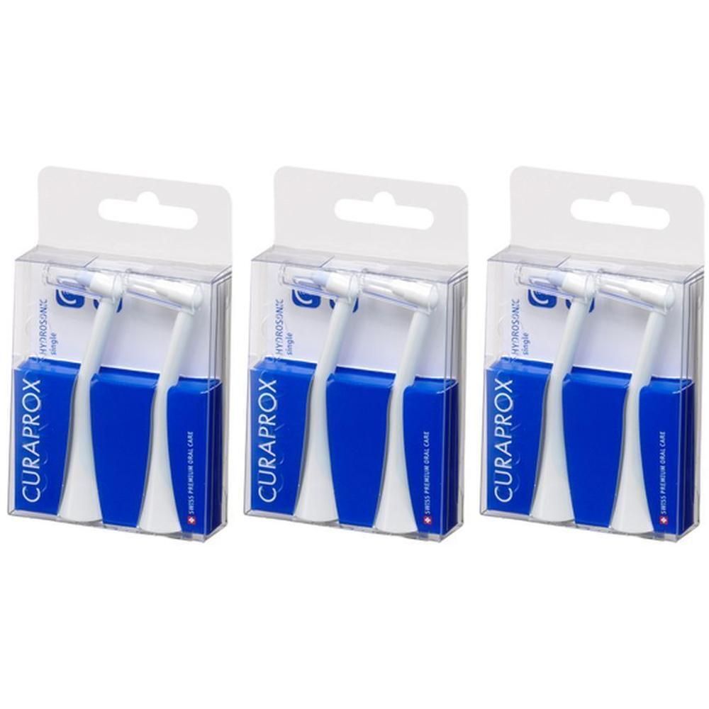 Trois paquets de deux têtes de brosse Curaprox Hydrosonic Pro Single, blanches et bleues.
