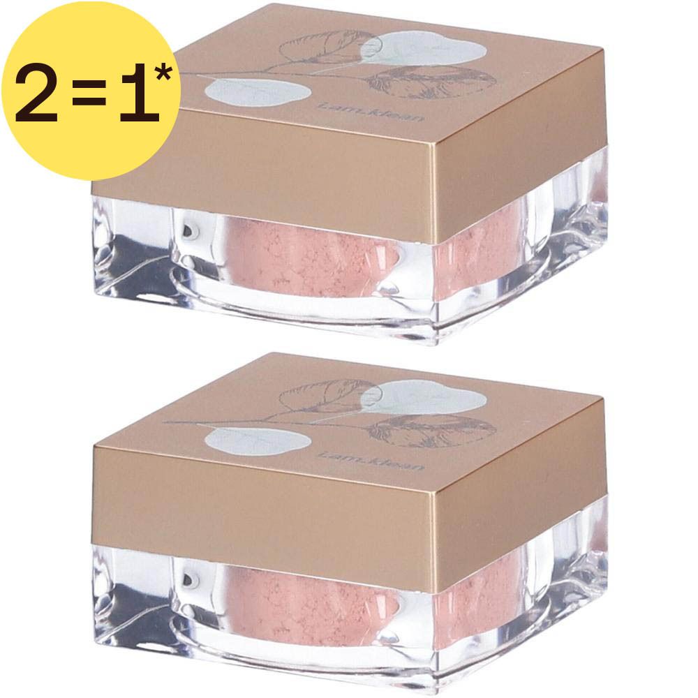 Deux pots de fard à paupières minéral rose avec couvercle doré orné d'une rose.