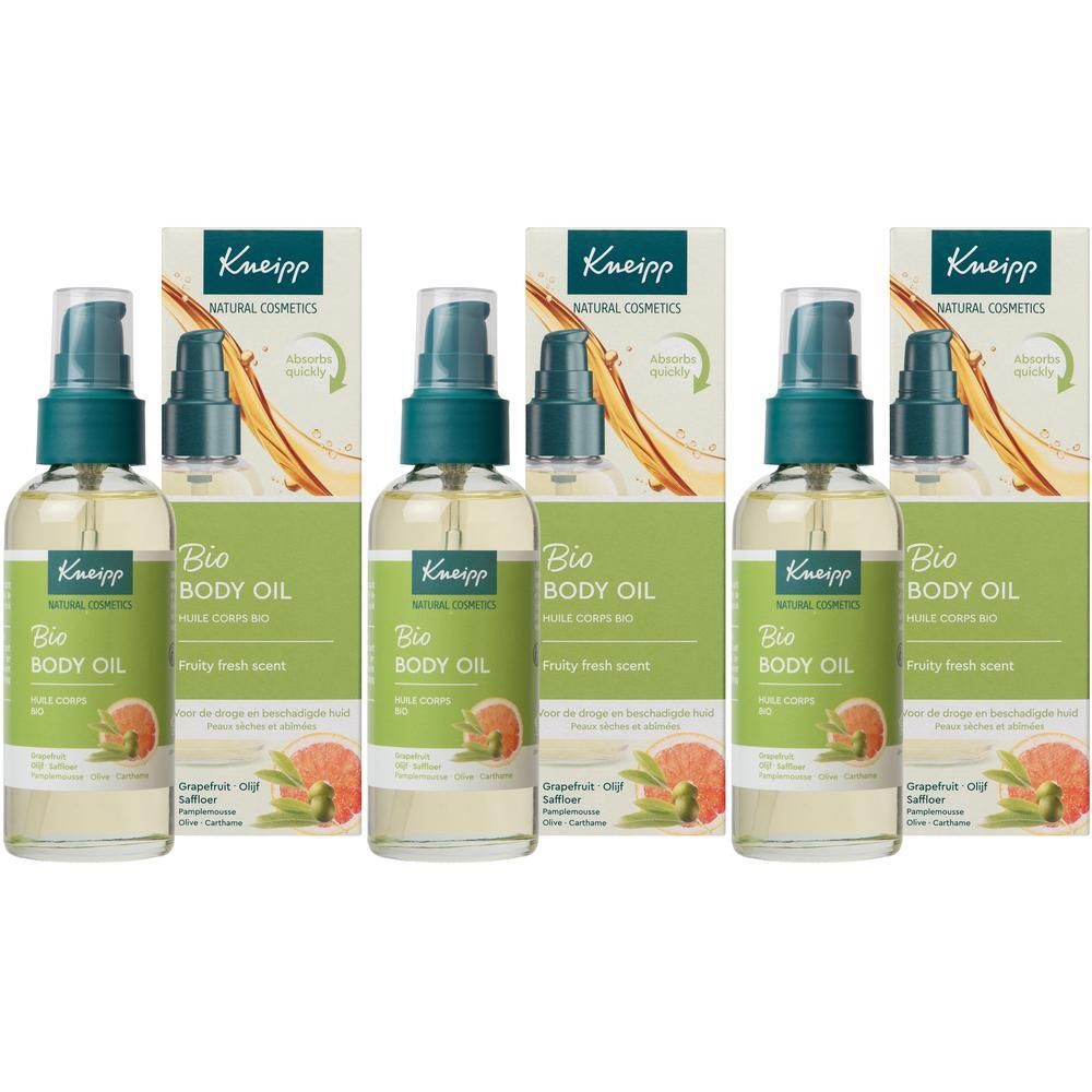 Trois flacons d'Huile Corps Bio Kneipp avec pompe et emballage cartonné.