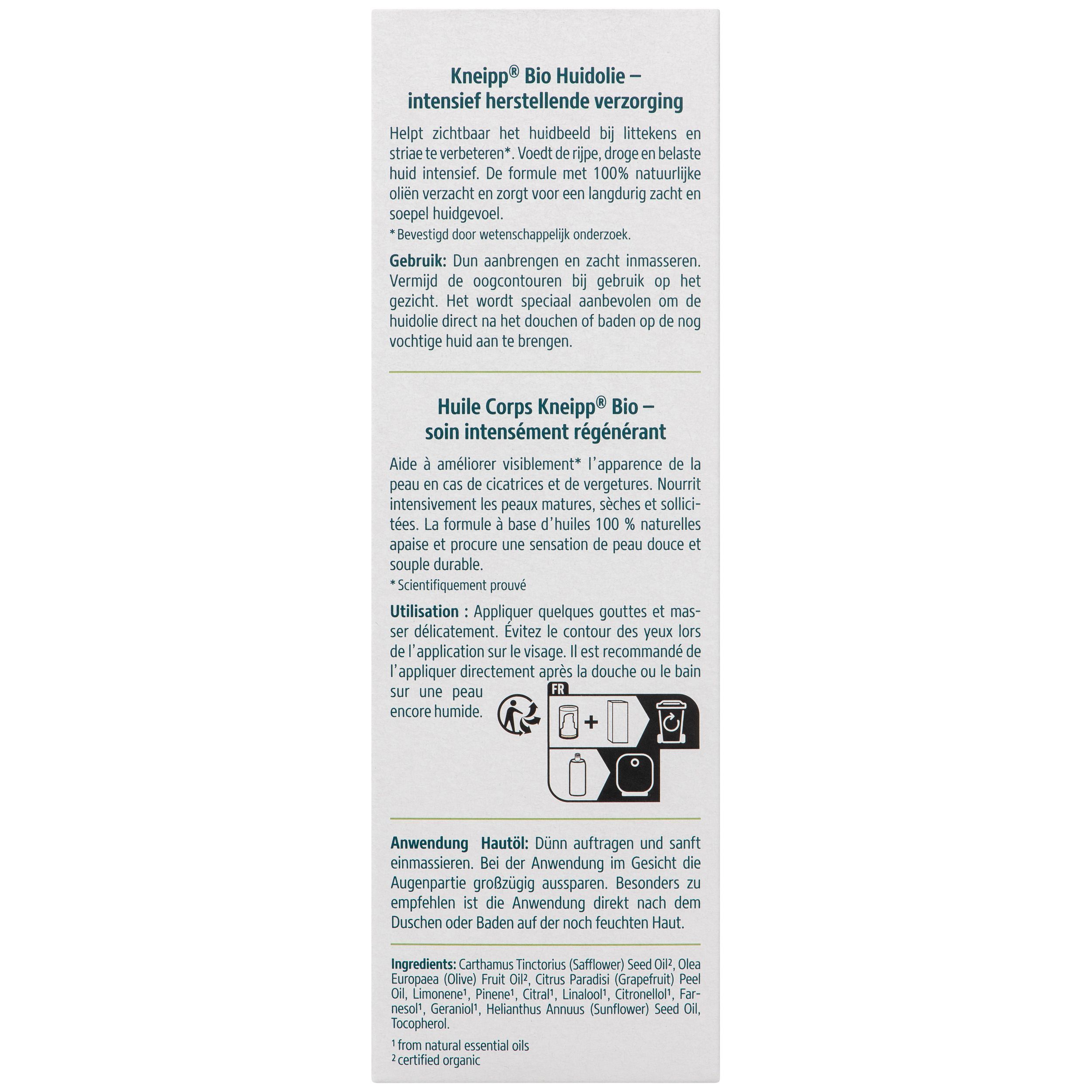 Arrière de l'emballage de l'Huile Corps Bio Kneipp avec instructions d'utilisation et ingrédients.