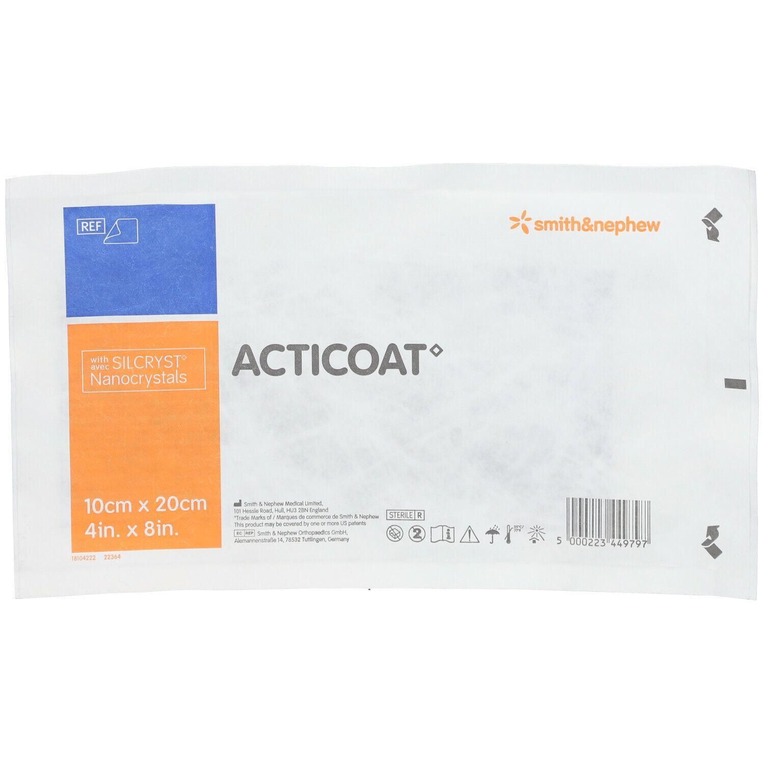 Pansement Acticoat 10cm x 20cm avec Silcryst Nanocrystals de Smith & Nephew.