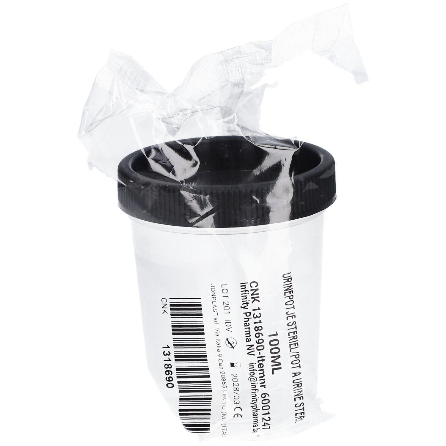 Pot à urine stérile avec couvercle à vis noir, 100ml, emballé individuellement.